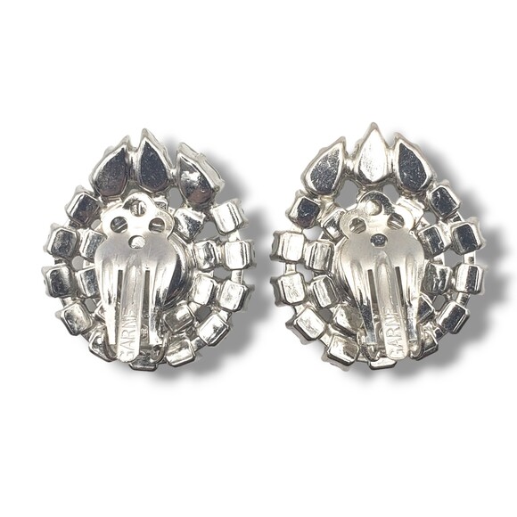 Vintage Garne Silver Tone Rhinestone Cluster Clip On Earrings MCM Glam - Picture 7 of 8